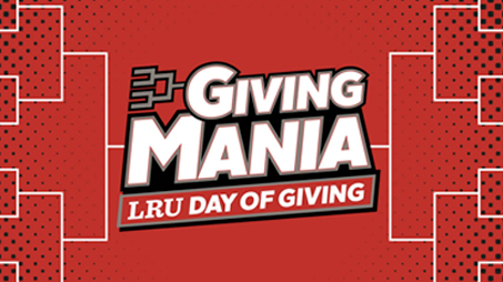 Logo for 'Giving Mania LRU Day of Giving' featuring stylized text on a red background with dotted patterns and brackets.