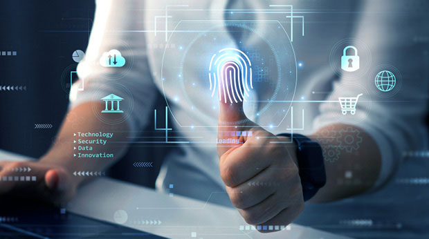 Fingerprint identification to personal access. Biometrics security, E-kyc, innovation technology concept.