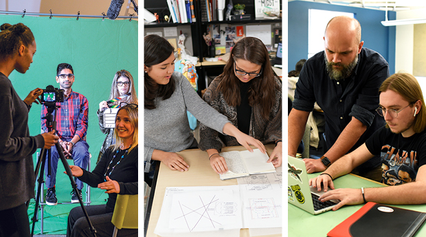 Three photos showing film and design students interacting with faculty at La Roche University.