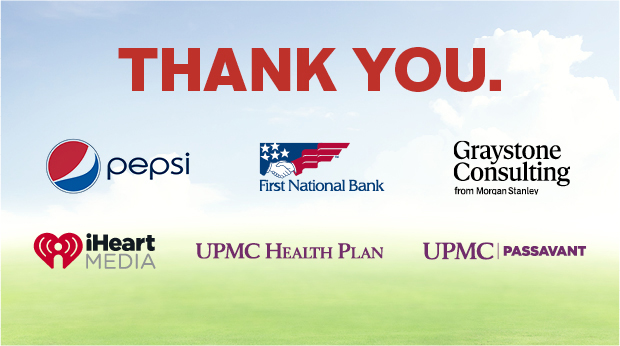 An illustration of grass and clouds with the words Thank You and the following company logos: Pepsi, First National Bank, Graystone Consulting, iHeart Media, UPMC Health Plan and UPMC Passavant