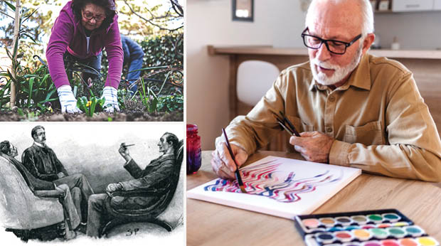 Three images side by side; the first shows a person gardening, the second is a historical black and white illustration of three individuals in a discussion, and the third features a person painting with watercolors