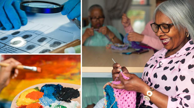 Close up of forensic scientist looking at fingerprints through a magnifying glass. Seated senior woman smiling and crocheting. Two other people are in the background crocheting. Close up photo of a person's hand holding a brush and painting on a canvas with acrylic paint