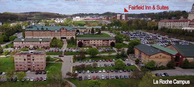 Ariel shot of campus with Fairfield Inn & Suites in view across street