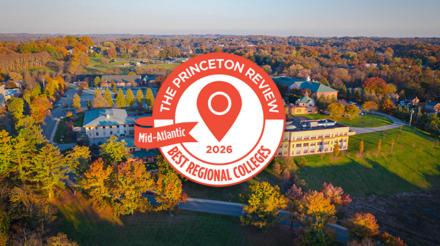 Aerial view of the La Roche University campus with buildings surrounded by trees during autumn. The image includes a logo of The Princeton Review Mid-Atlantic Best Regional Colleges 2026.