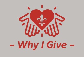 Why I Give logo with a heart and fleur di lis displayed on top of two hands