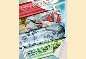 The Fall 2020 cover of the La Roche magazine. There is a masthead titled Connected and has a collage of different colored photos of students in the Palumbo Science Center.