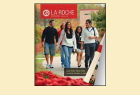 The cover of the Spring 2008 issue of the La Roche magazine. The cover photo shows a group of students walking outside on campus.