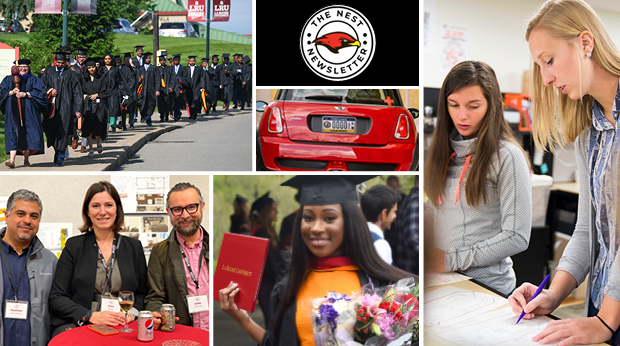 Top left: The processional of graduates walking down the sidewalk to the Kerr Fitness & Sports Center at commencement. Top middle: The Nest Newsletter logo. Middle: The back of a red car. Bottom left: Three La Roche University alumni wear name tags and stand at a table with drinks at a reception in the Cantellops Arts Gallery. Bottom middle: A La Roche University graduate in her cap and gown holds flowers and her La Roche degree. Right: Two students work on a project together in the design studio.