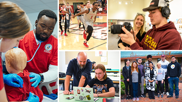 Left: Two nursing students examine a mannequin in the Clinical Simulation Center at La Roche University. Top middle: Members of the men's basketball team celebrate a win on the court in the Kerr Fitness & Sports Center. Bottom middle: A professor assists a student working on a computer in the design studio. Top right: A film professor assists a student holding a camera in the Cantellops Art Gallery. Bottom right: A group of La Roche students stands outside Wright Library.