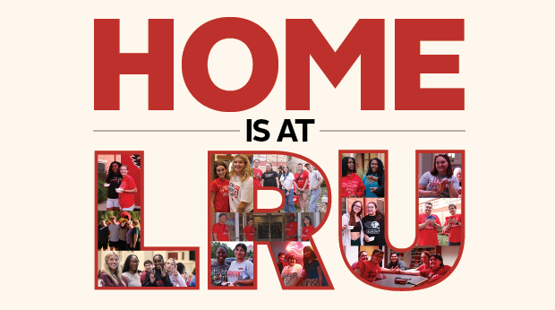Graphic titled 'Home is at LRU' featuring a collage of diverse people in various joyful activities, embedded within the letters LRU set against a red backdrop.