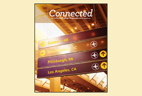 The Summer 2012 issue of the La Roche magazine. The masthead title Connected appears at the top. There are travel design elements and the names of cities on the cover photo.