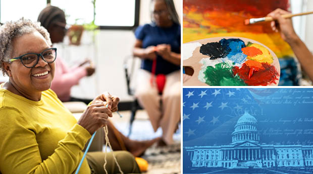 Left image: A sitting woman wearing a yellow shirt smiles at the camera while crocheting. There are two women sitting and crocheting in the background. Top right image: Closeup of an acrylic painter’s palette with brightly colored paints. There is a hand holding a brush painting on a red, yellow and blue canvas in the background. Lower right image: a blue-toned illustrated collage of the U.S. Capitol building with the American flag and the words “We the People” and the words of the Constitution’s preamble overlaying the U.S. Capitol image.