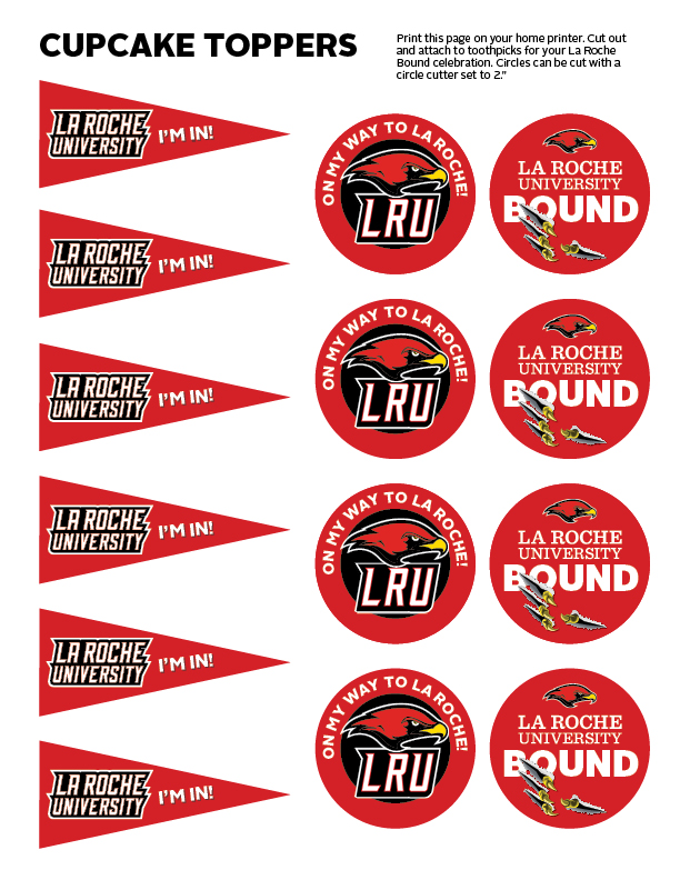 La Roche celebratory cupcake toppers with Redhawk image on it.