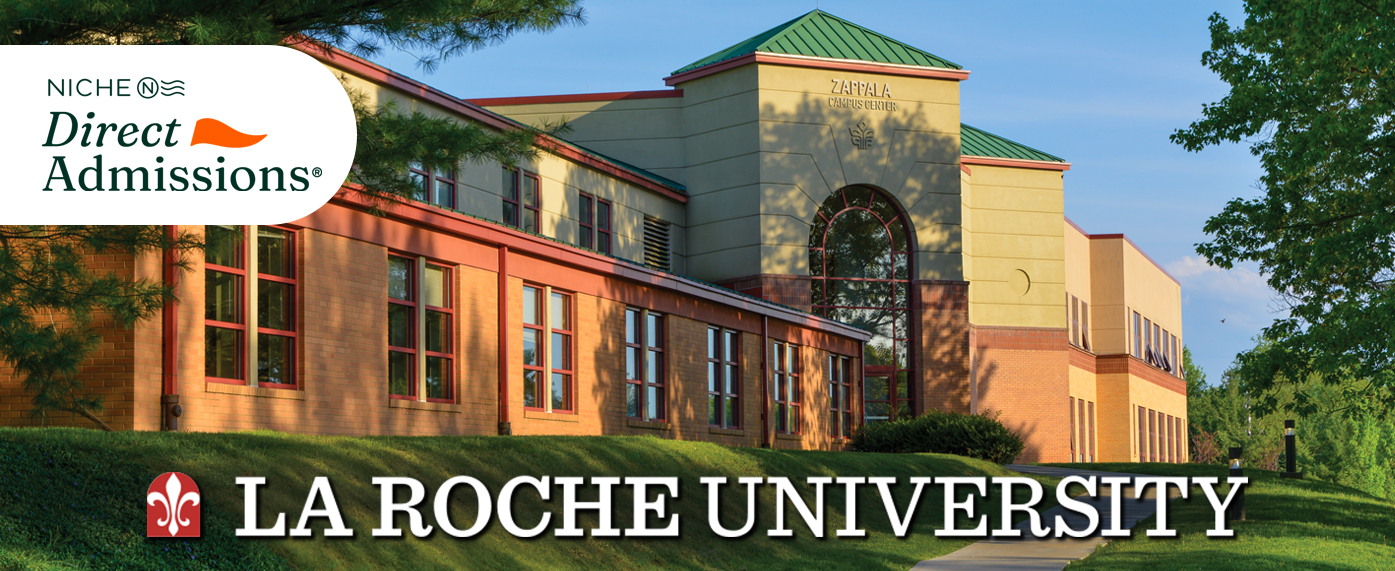 Exterior view of La Roche University's Zappala Campus Center building featuring a large entrance with a green lawn and trees under a clear sky. Two logos appear over the image: NICHE Director Admissions and La Roche University.